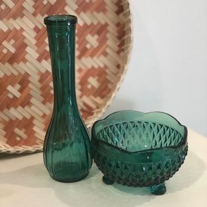 Vintage Teal Green Diamond Point Footed Dish and Coordinating Bud Vase